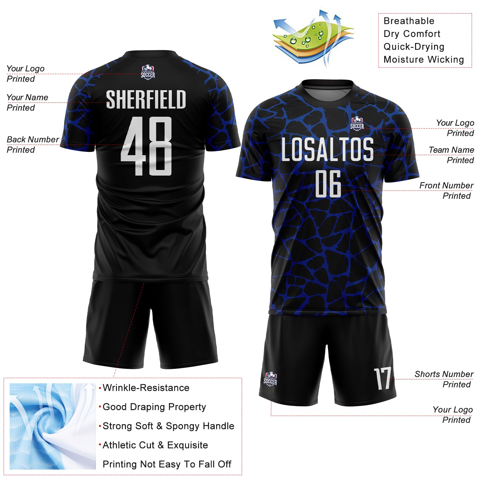 Custom Black White-Royal Abstract Network Splash Sublimation Soccer Uniform Jersey
