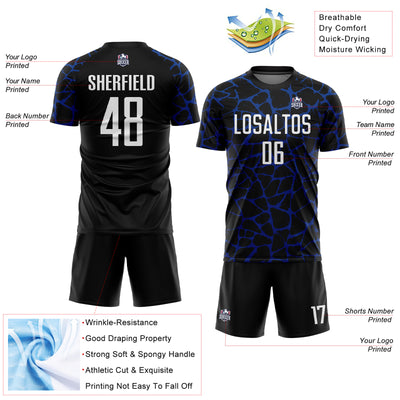 Custom Black White-Royal Abstract Network Splash Sublimation Soccer Uniform Jersey