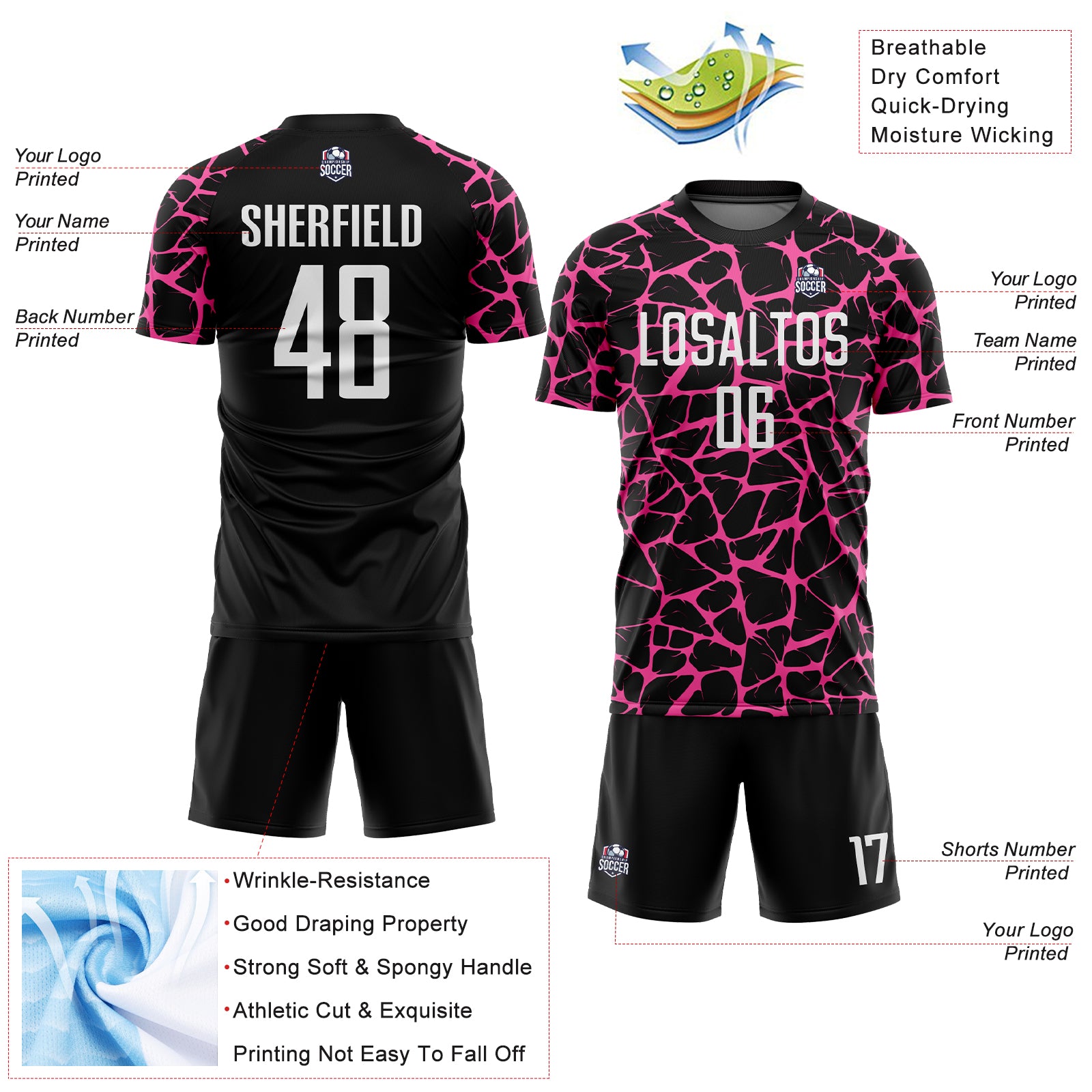 Custom Black White-Pink Abstract Network Splash Sublimation Soccer Uniform Jersey