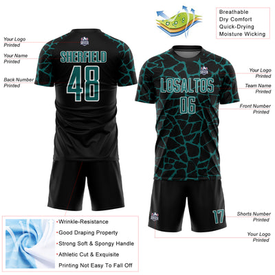 Custom Black Teal-White Abstract Network Splash Sublimation Soccer Uniform Jersey