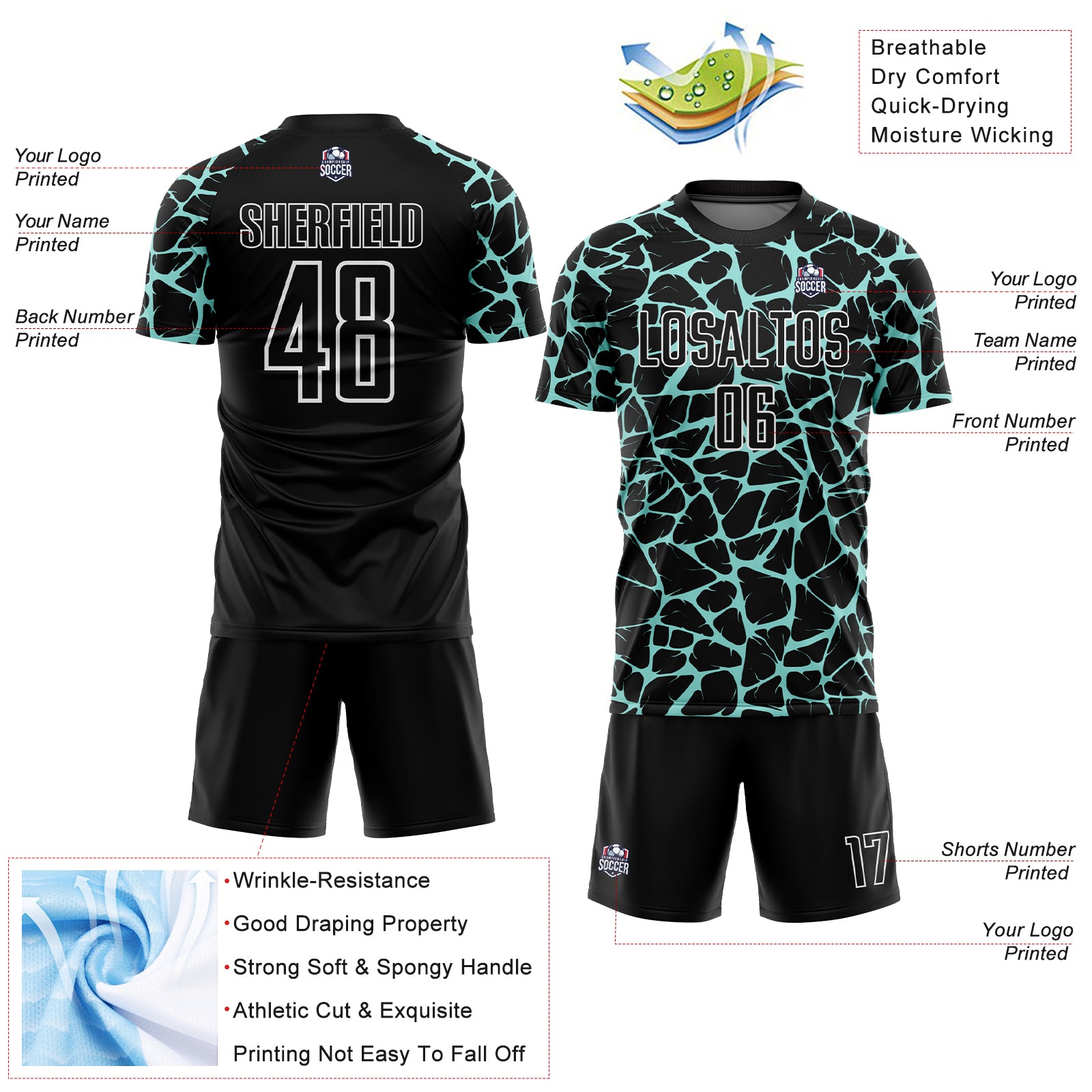 Custom Black Ice Blue-White Abstract Network Splash Sublimation Soccer Uniform Jersey