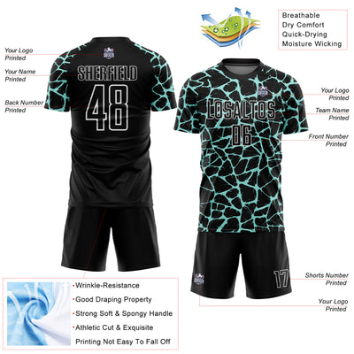 Custom Black Ice Blue-White Abstract Network Splash Sublimation Soccer Uniform Jersey
