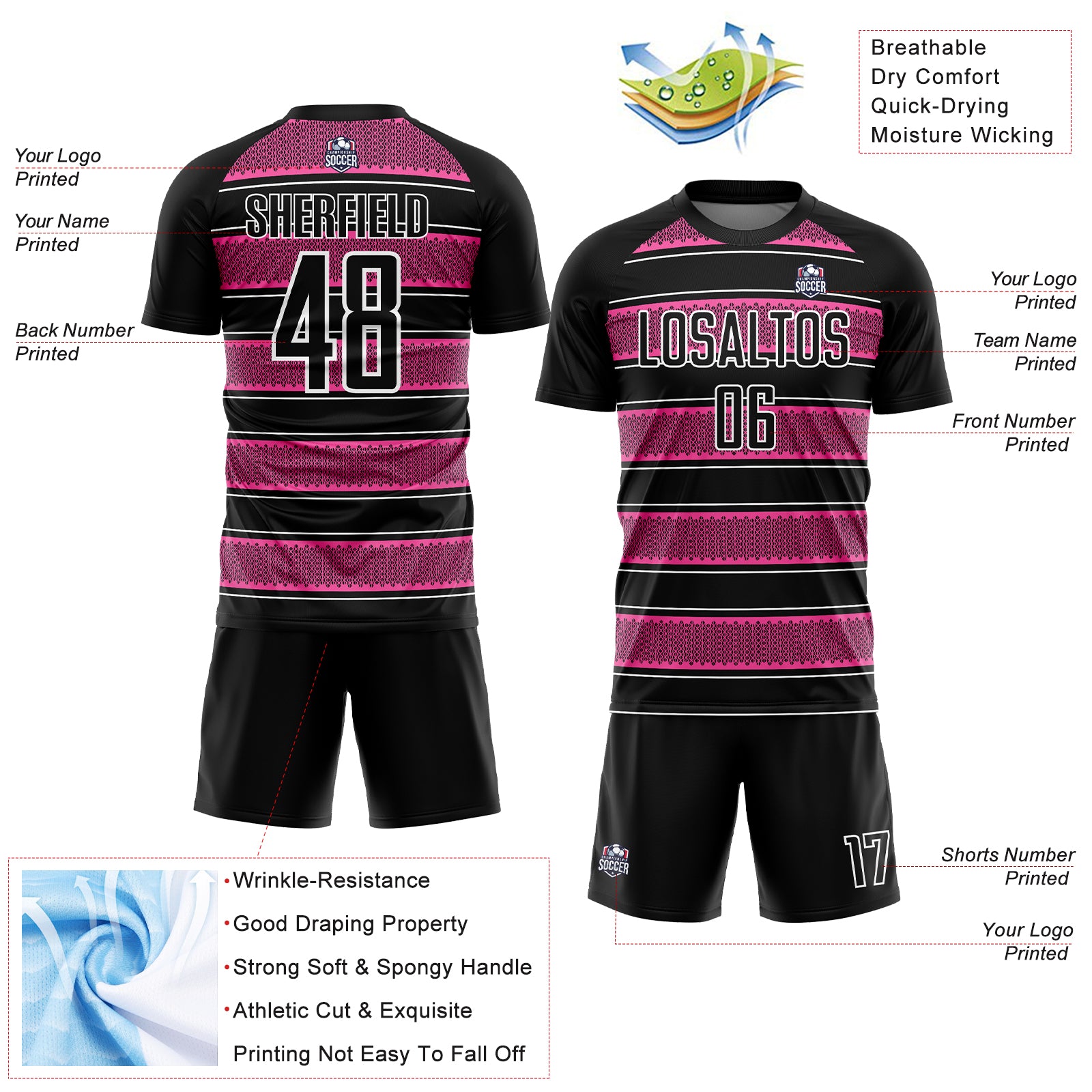 Custom Black Pink-White Geometric Shapes And Line Sublimation Soccer Uniform Jersey