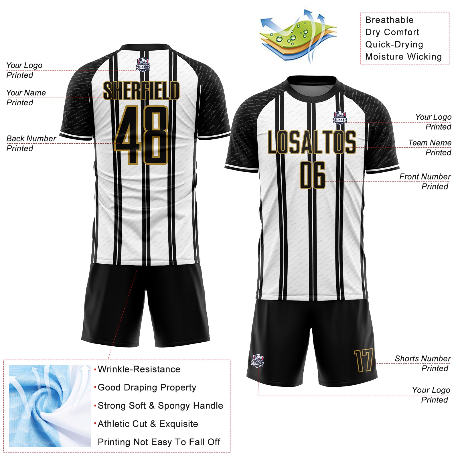 Custom Black White-Old Gold Line Sublimation Soccer Uniform Jersey