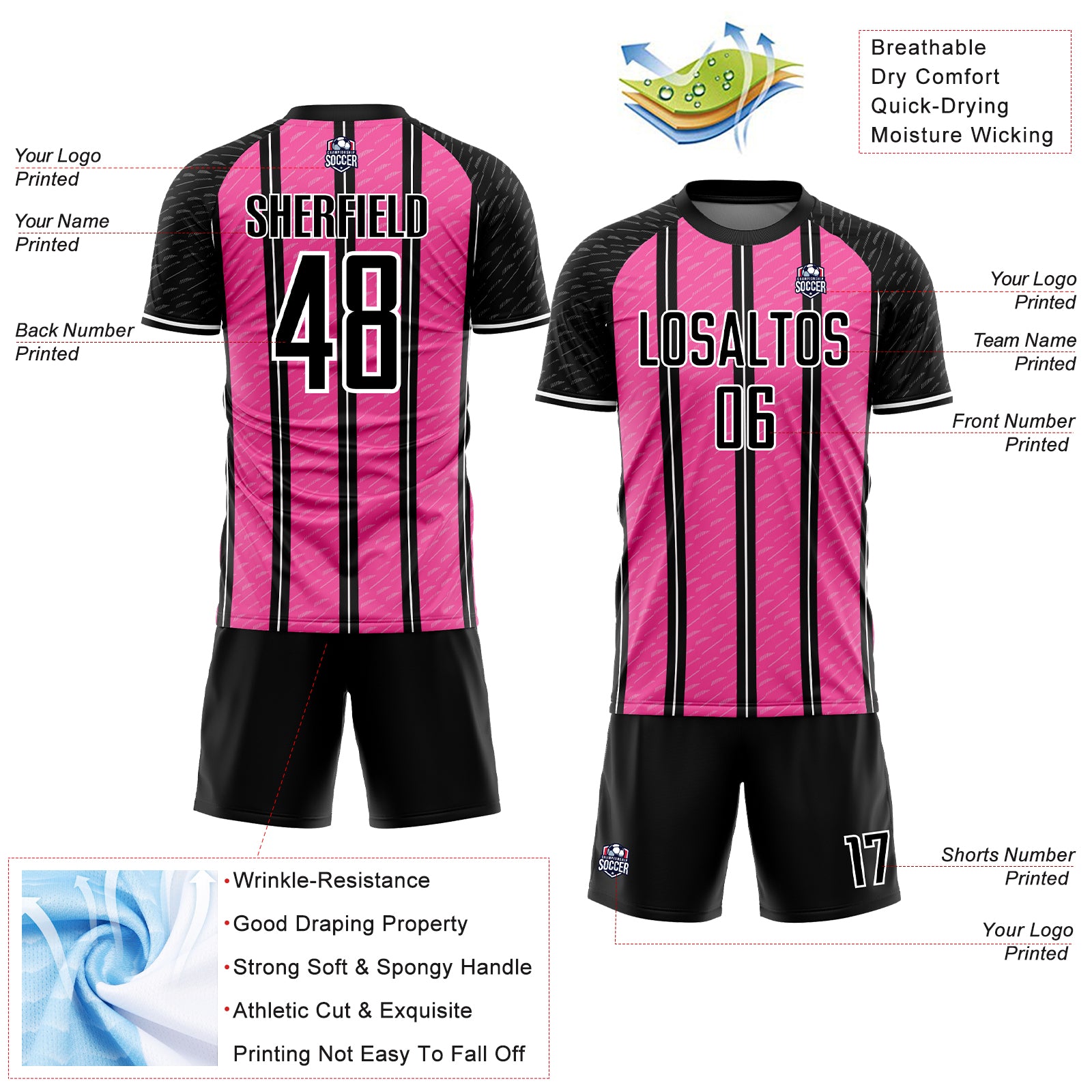Custom Black Pink-White Line Sublimation Soccer Uniform Jersey