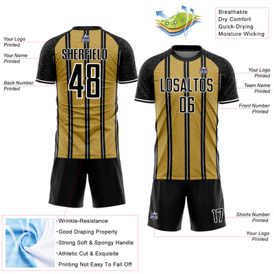 Custom Black Old Gold-White Line Sublimation Soccer Uniform Jersey