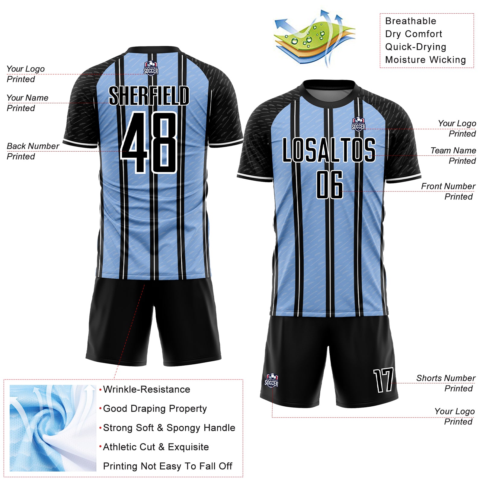 Custom Black Light Blue-White Line Sublimation Soccer Uniform Jersey