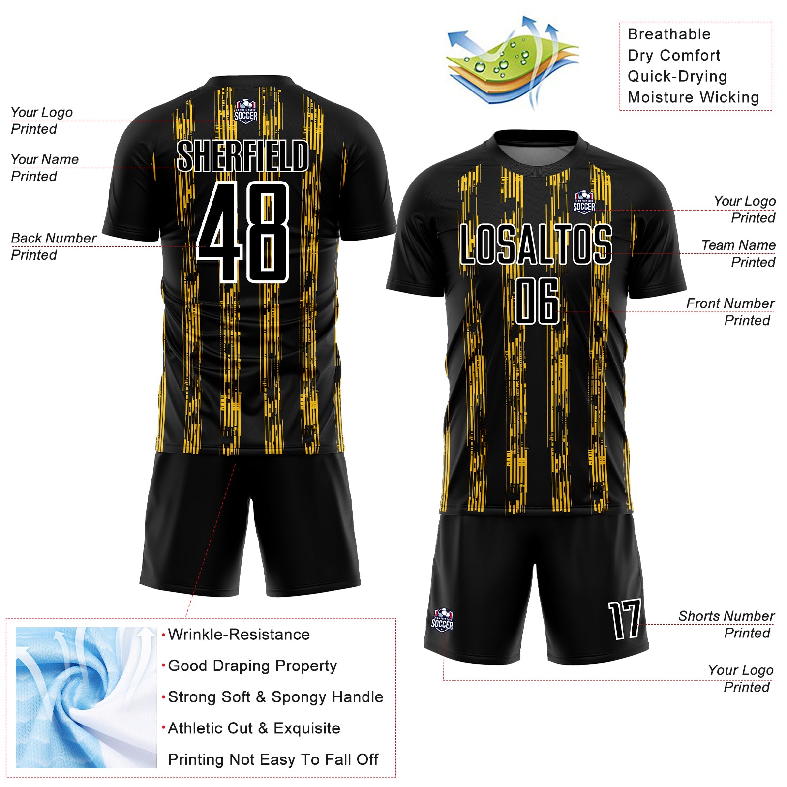 Custom Black Yellow-White Line Sublimation Soccer Uniform Jersey