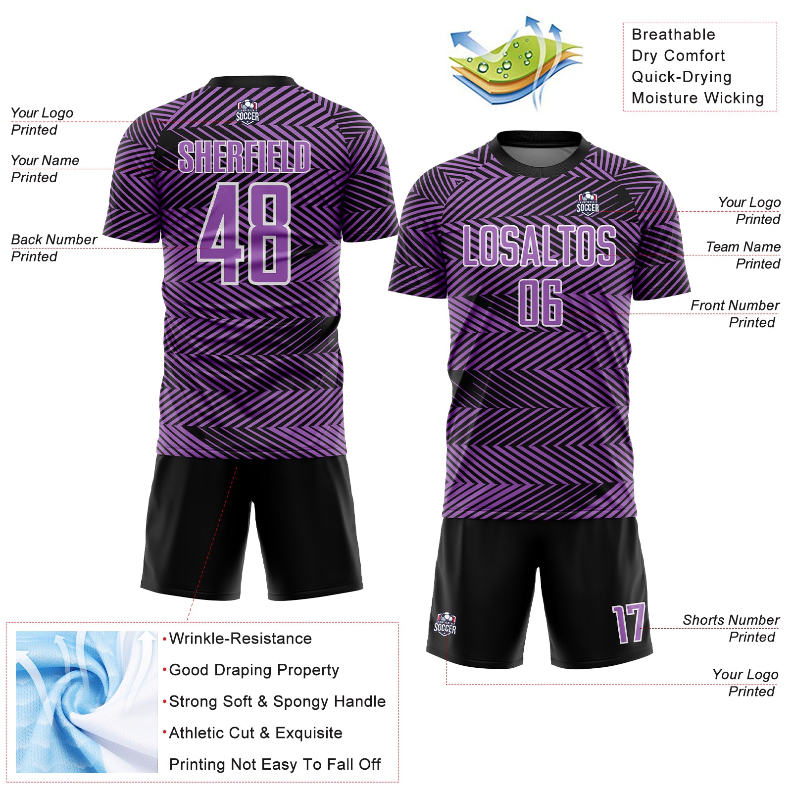 Custom Medium Purple Black-White Line Sublimation Soccer Uniform Jersey