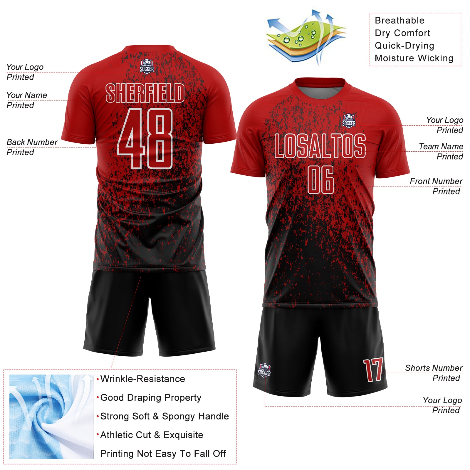 Custom Red Black-White Abstract Fragment Art Sublimation Soccer Uniform Jersey