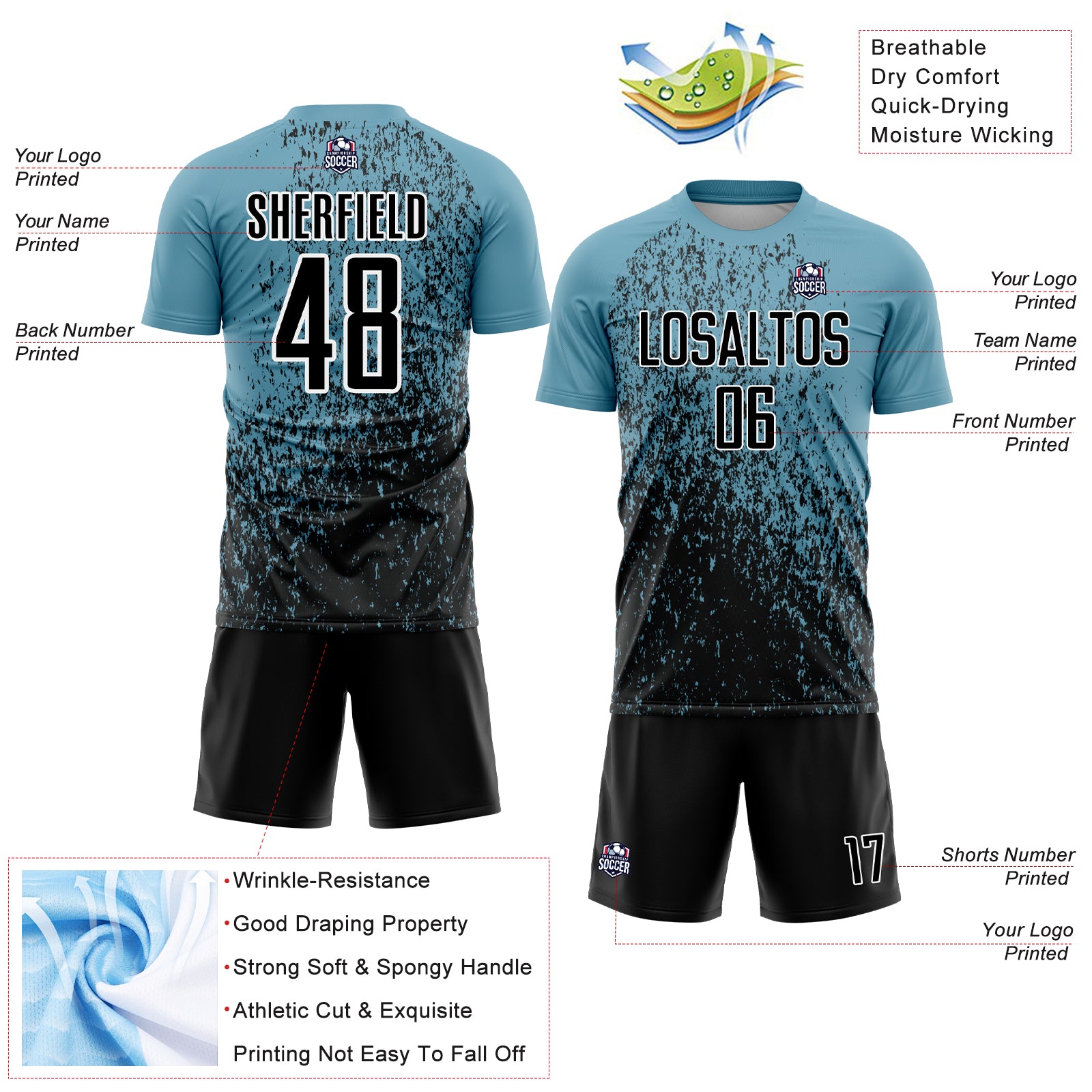 Custom Shadow Blue Black-White Abstract Fragment Art Sublimation Soccer Uniform Jersey