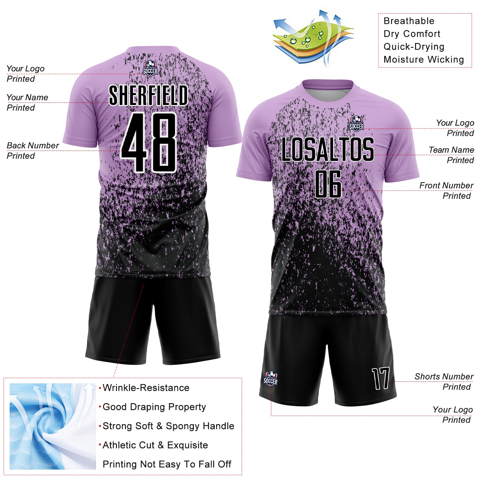 Custom Light Purple Black-White Abstract Fragment Art Sublimation Soccer Uniform Jersey