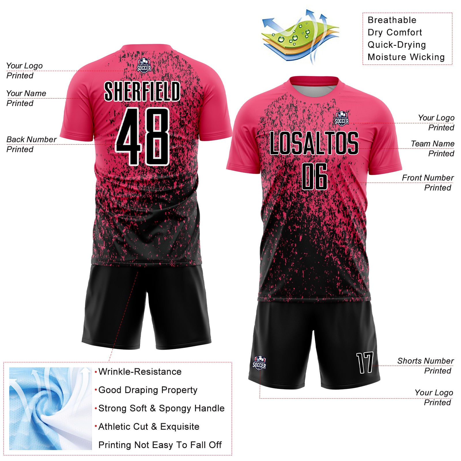 Custom Neon Pink Black-White Abstract Fragment Art Sublimation Soccer Uniform Jersey