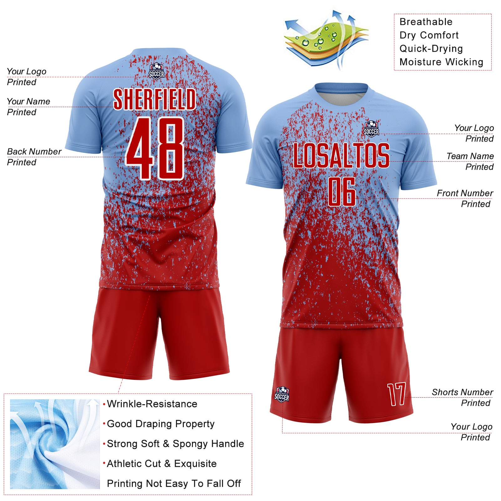 Custom Light Blue Red-White Abstract Fragment Art Sublimation Soccer Uniform Jersey