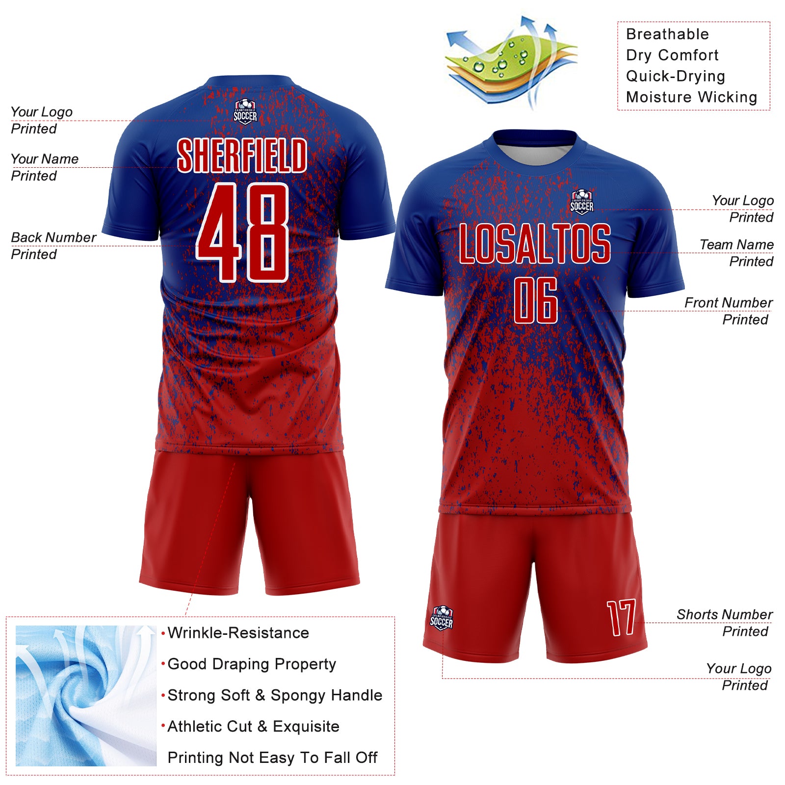 Custom Royal Red-White Abstract Fragment Art Sublimation Soccer Uniform Jersey
