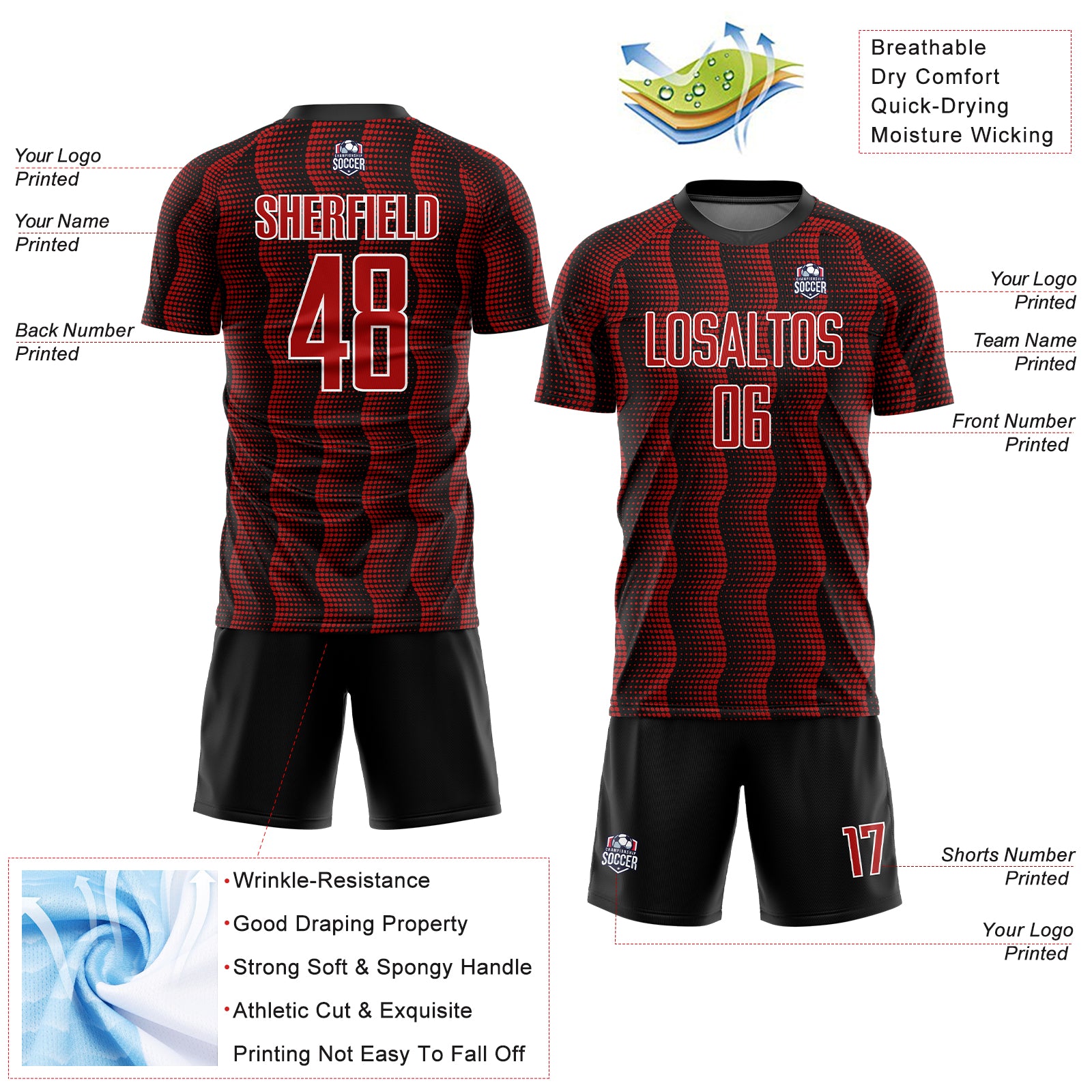 Custom Black Red-White Geometric Shape Sublimation Soccer Uniform Jersey