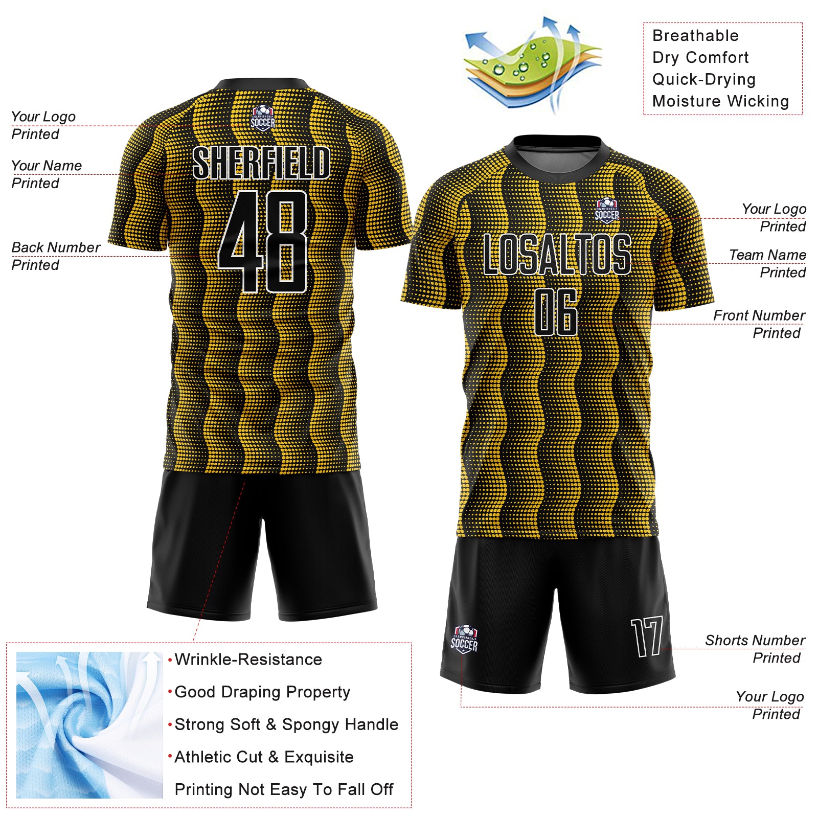 Custom Black Yellow-White Geometric Shape Sublimation Soccer Uniform Jersey