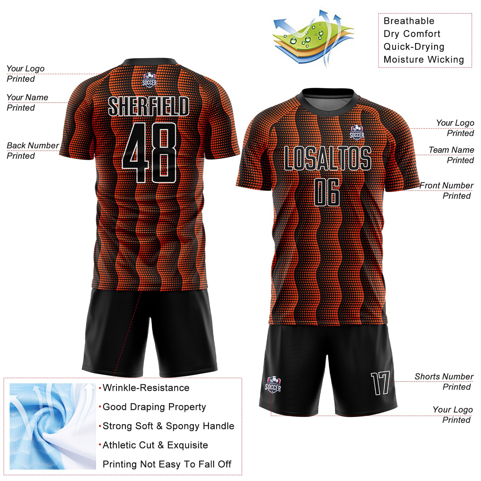 Custom Black Orange-White Geometric Shape Sublimation Soccer Uniform Jersey