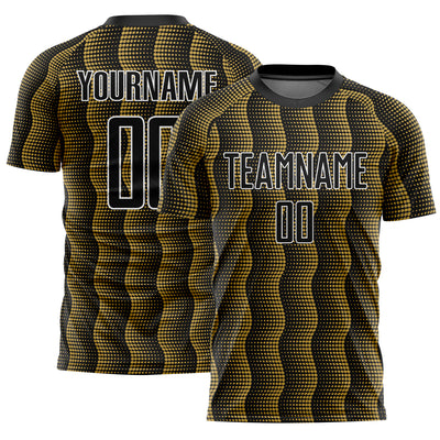 Custom Black Old Gold-White Geometric Shape Sublimation Soccer Uniform Jersey