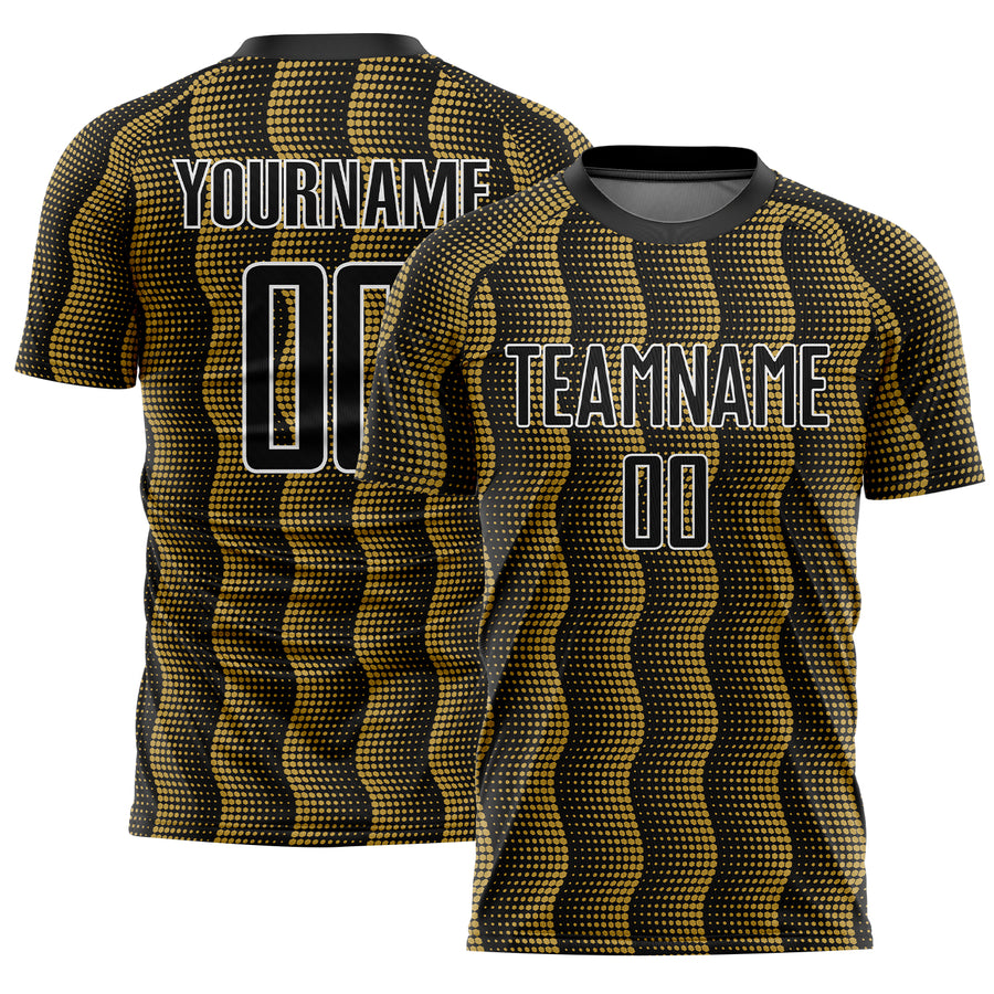 Custom Black Old Gold-White Geometric Shape Sublimation Soccer Uniform Jersey