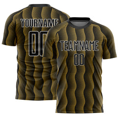 Custom Black Old Gold-White Geometric Shape Sublimation Soccer Uniform Jersey