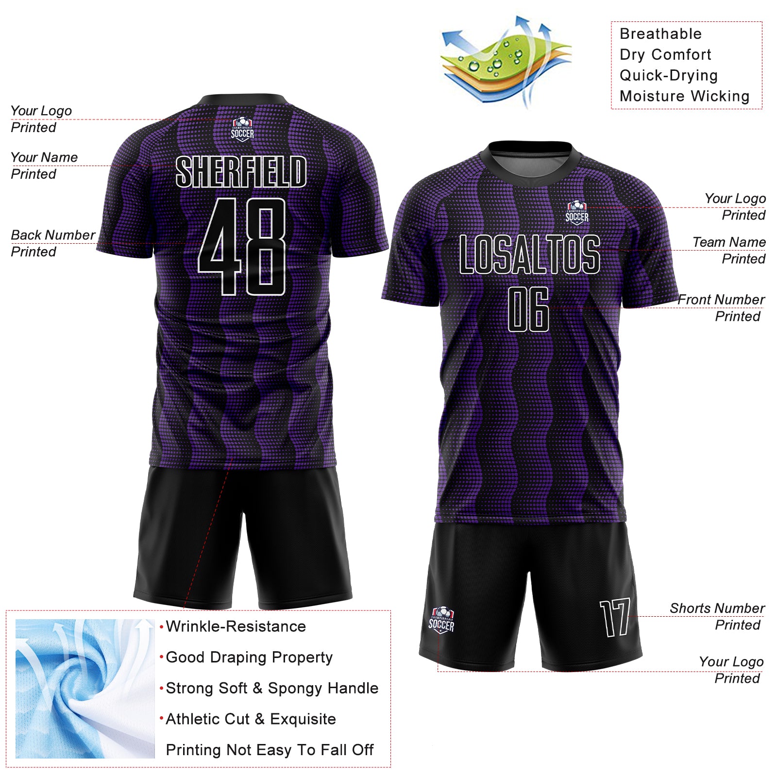 Custom Black Purple-White Geometric Shape Sublimation Soccer Uniform Jersey