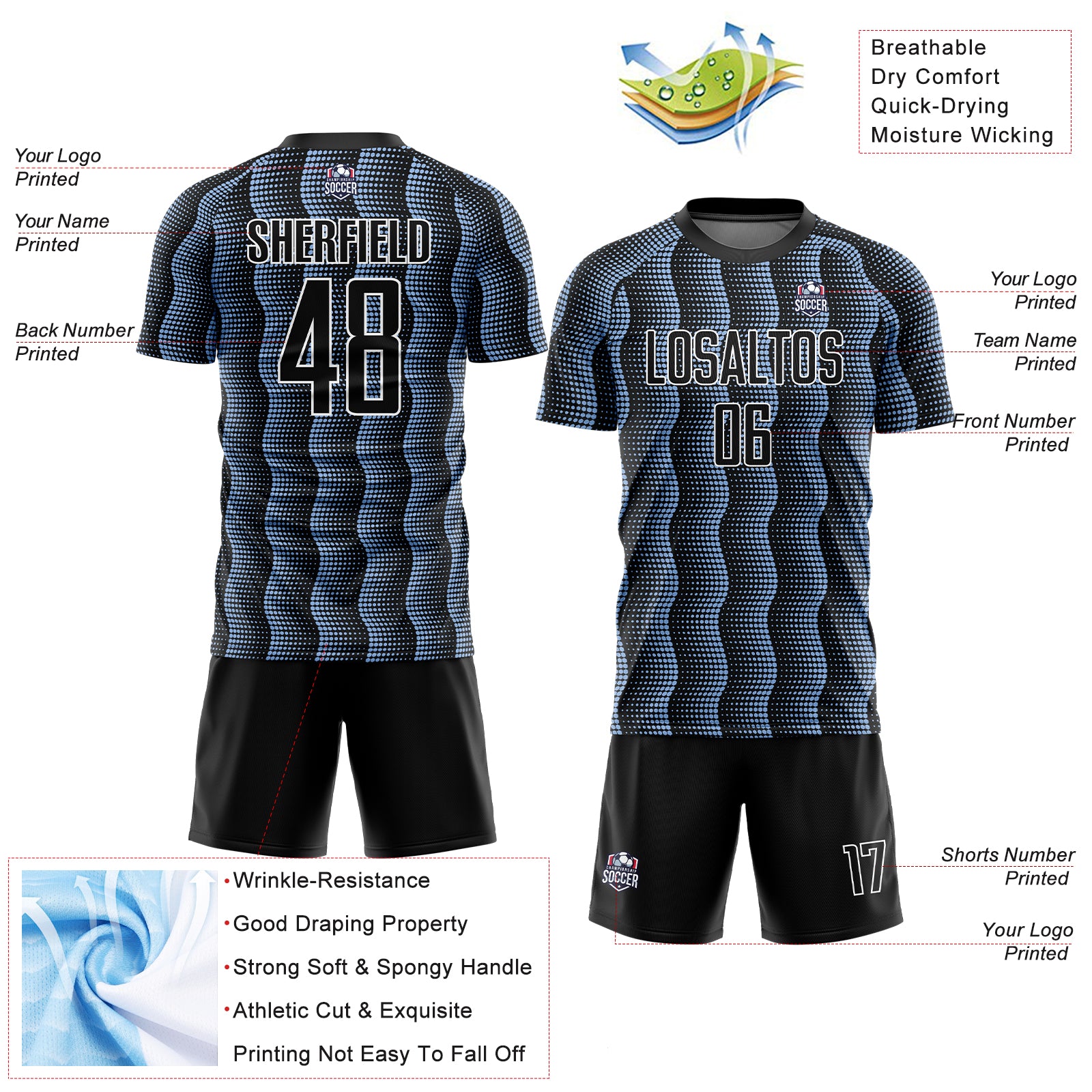Custom Black Light Blue-White Geometric Shape Sublimation Soccer Uniform Jersey