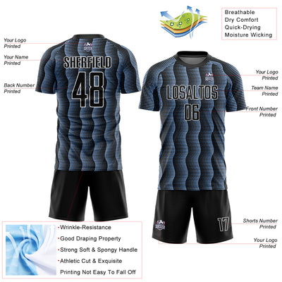 Custom Black Light Blue-White Geometric Shape Sublimation Soccer Uniform Jersey