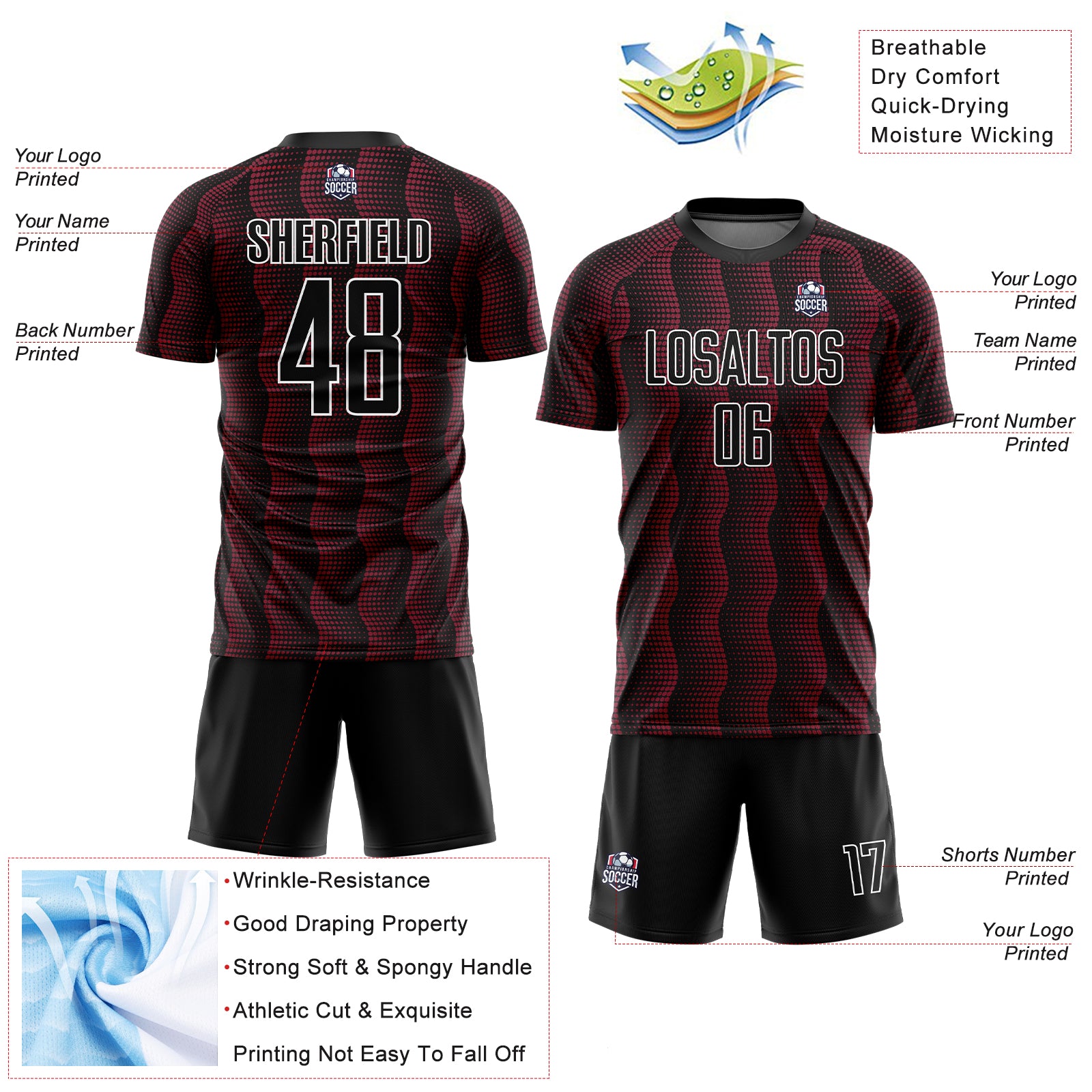 Custom Black Crimson-White Geometric Shape Sublimation Soccer Uniform Jersey