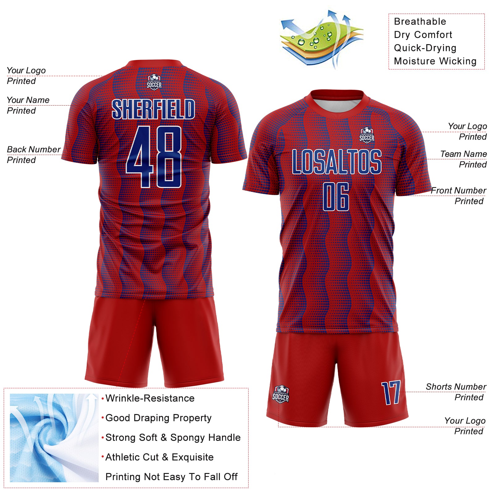Custom Red Royal-White Geometric Shape Sublimation Soccer Uniform Jersey