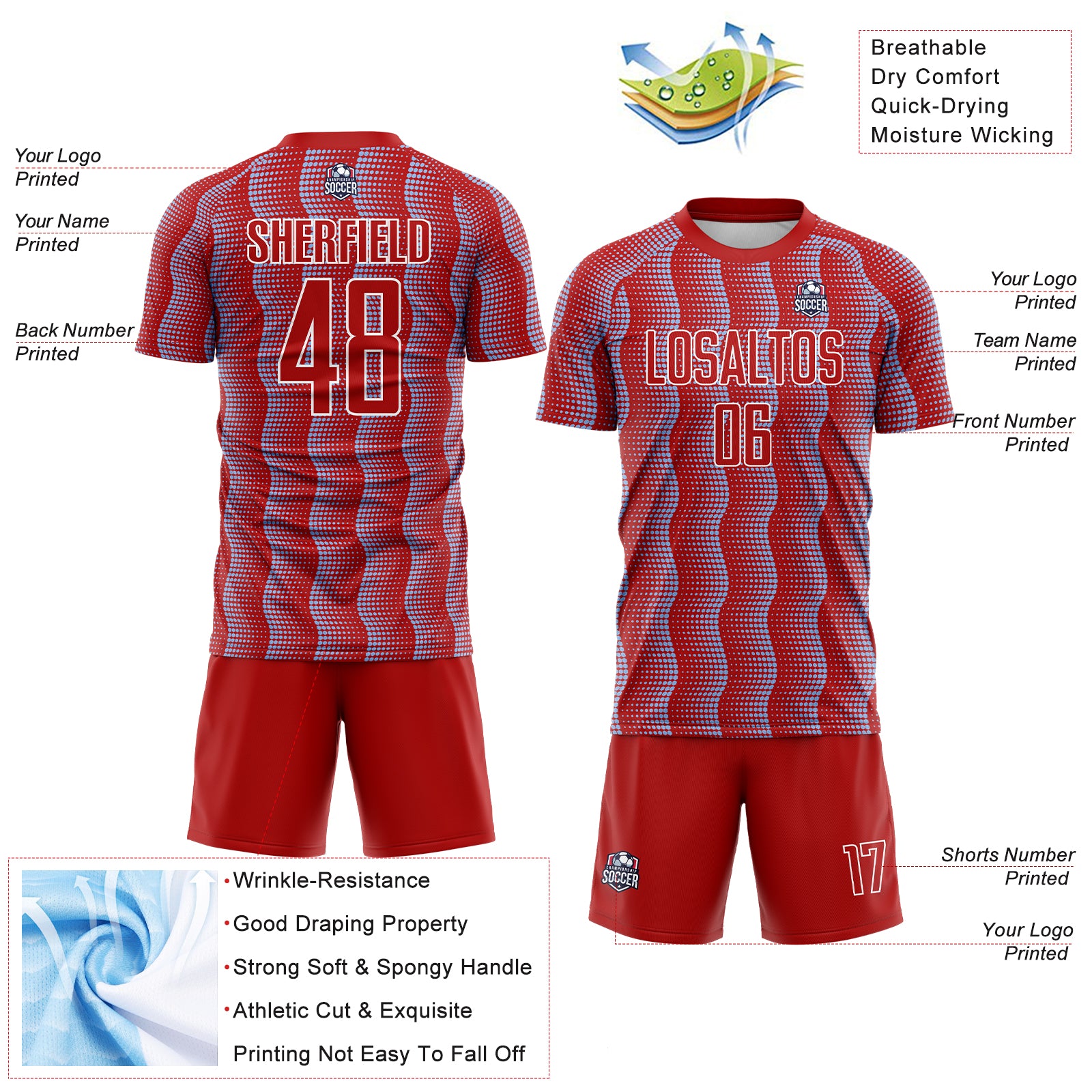 Custom Red Light Blue-White Geometric Shape Sublimation Soccer Uniform Jersey