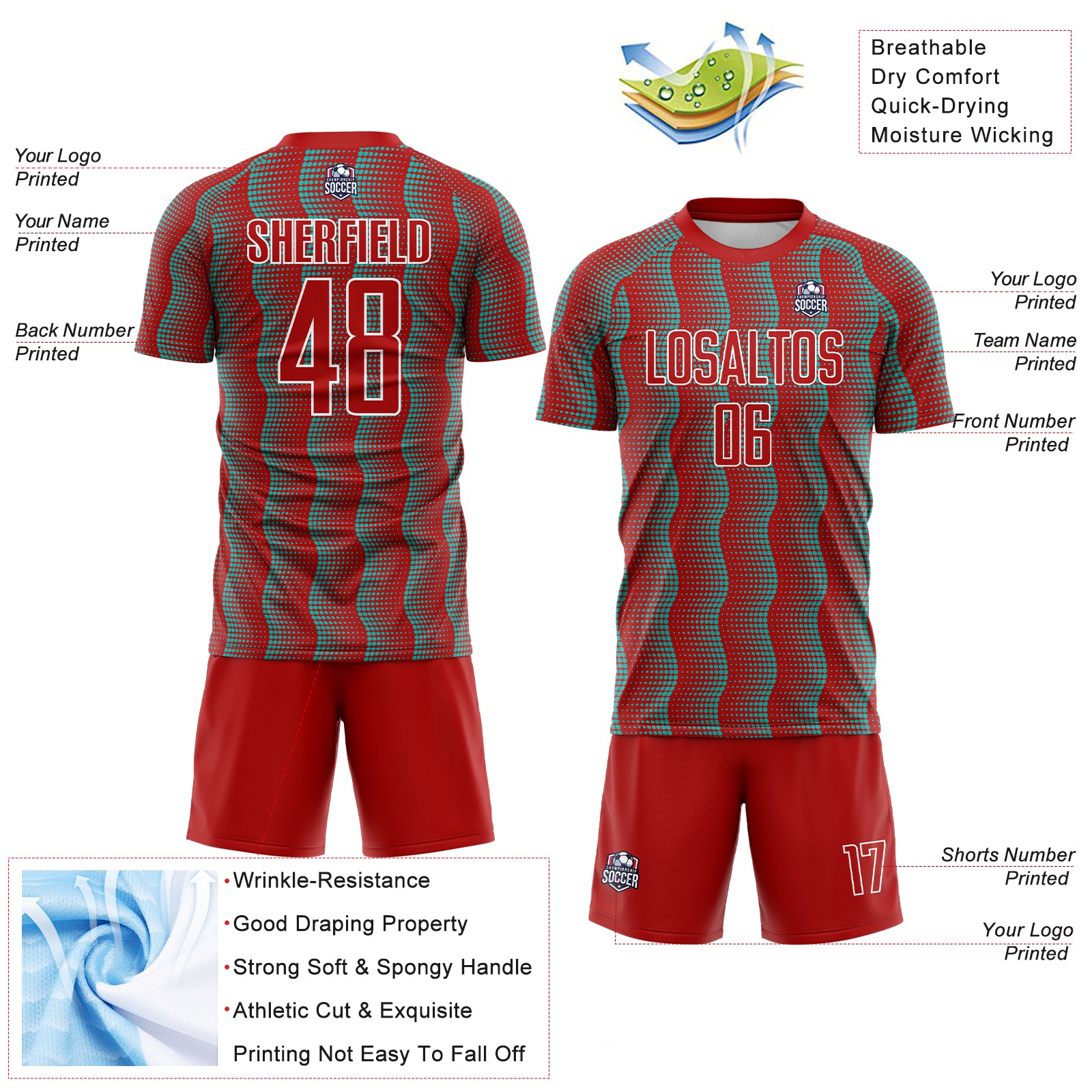 Custom Red Aqua-White Geometric Shape Sublimation Soccer Uniform Jersey