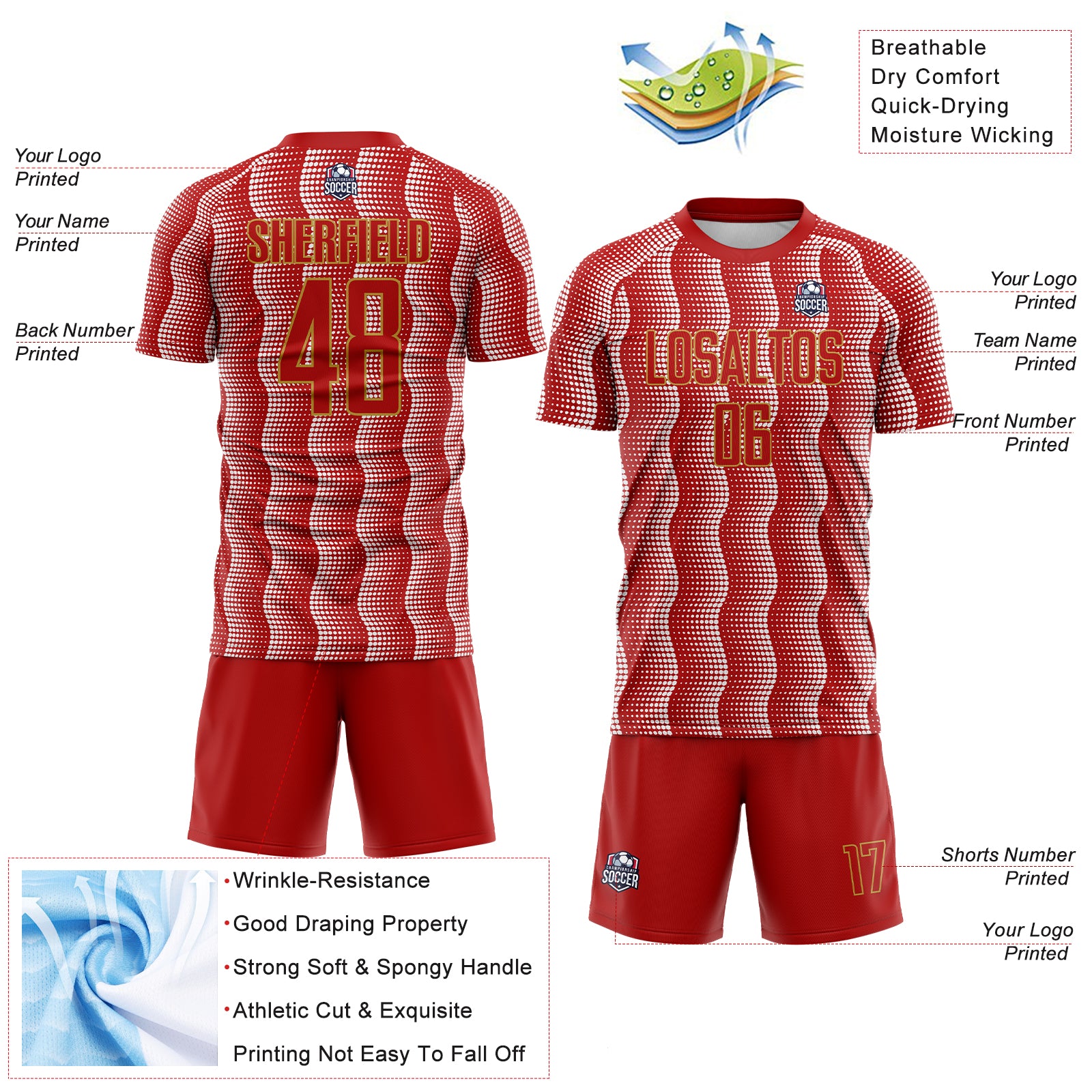 Custom Red Old Gold-White Geometric Shape Sublimation Soccer Uniform Jersey