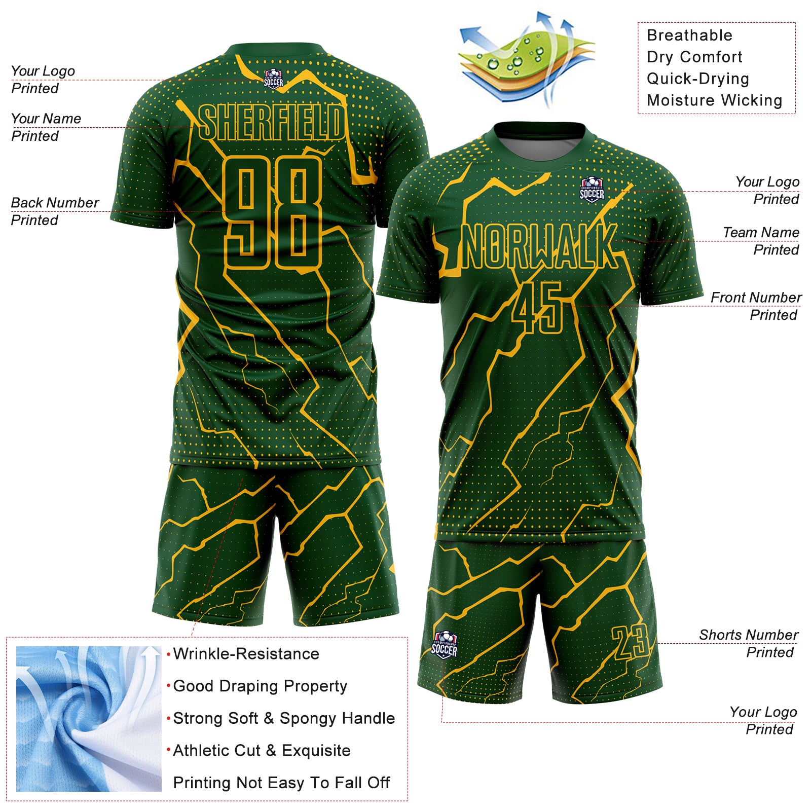 Custom Green Gold Lightning Sublimation Soccer Uniform Jersey