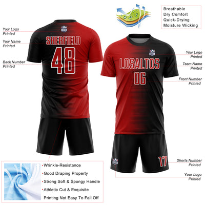 Custom Black Red-White Gradient Line Sublimation Soccer Uniform Jersey