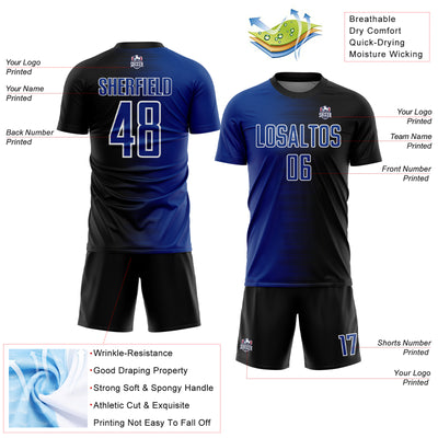 Custom Black Royal-White Gradient Line Sublimation Soccer Uniform Jersey