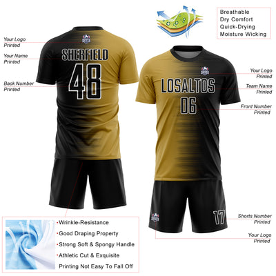 Custom Black Old Gold-White Gradient Line Sublimation Soccer Uniform Jersey