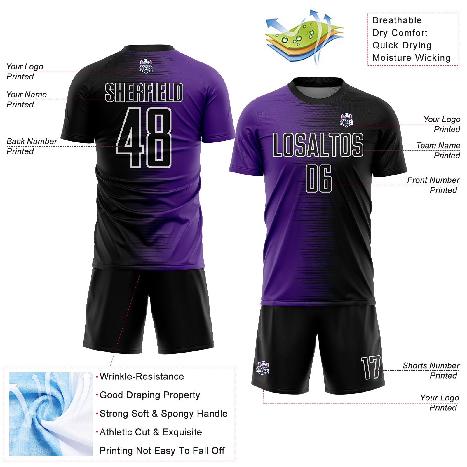 Custom Black Purple-White Gradient Line Sublimation Soccer Uniform Jersey