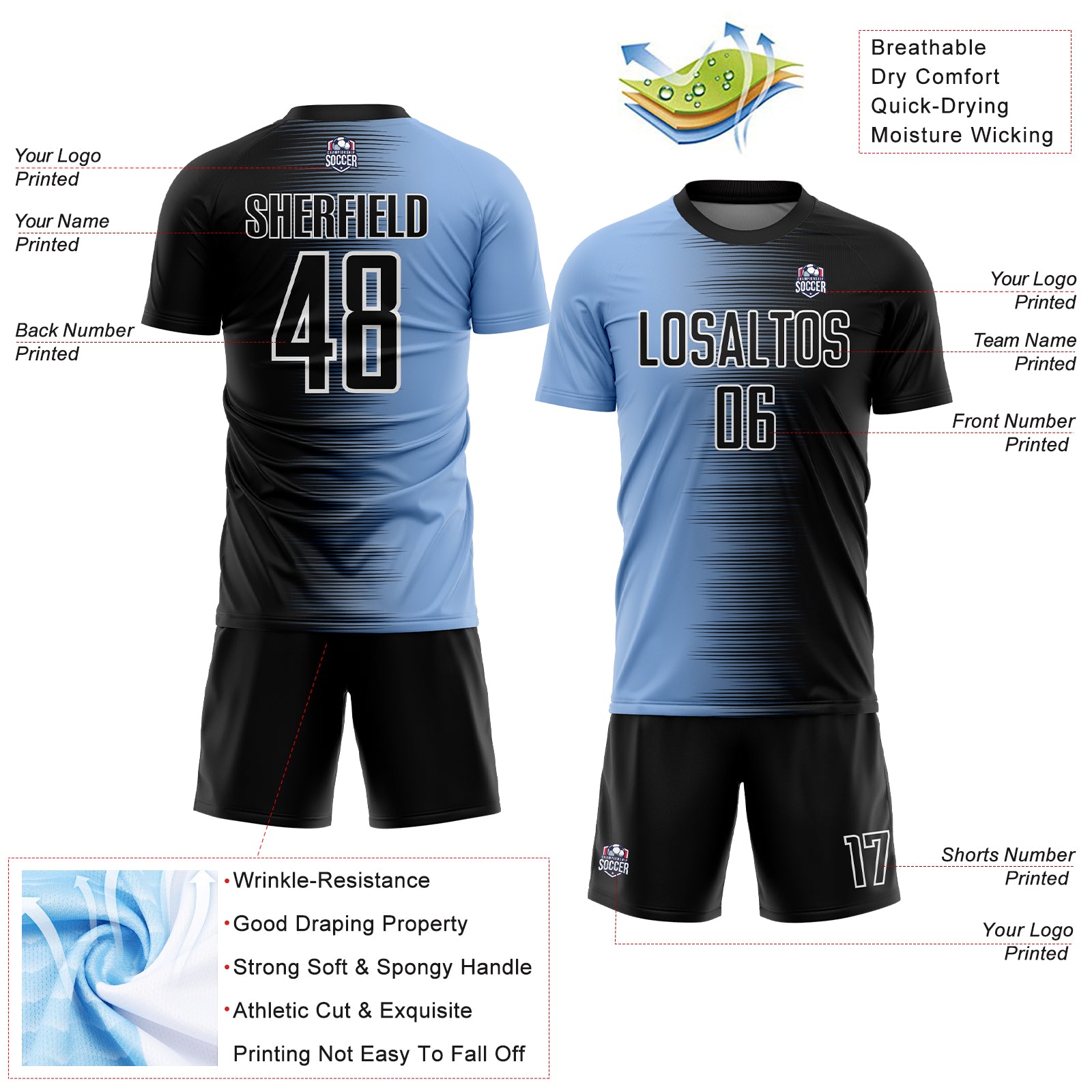 Custom Black Light Blue-White Gradient Line Sublimation Soccer Uniform Jersey