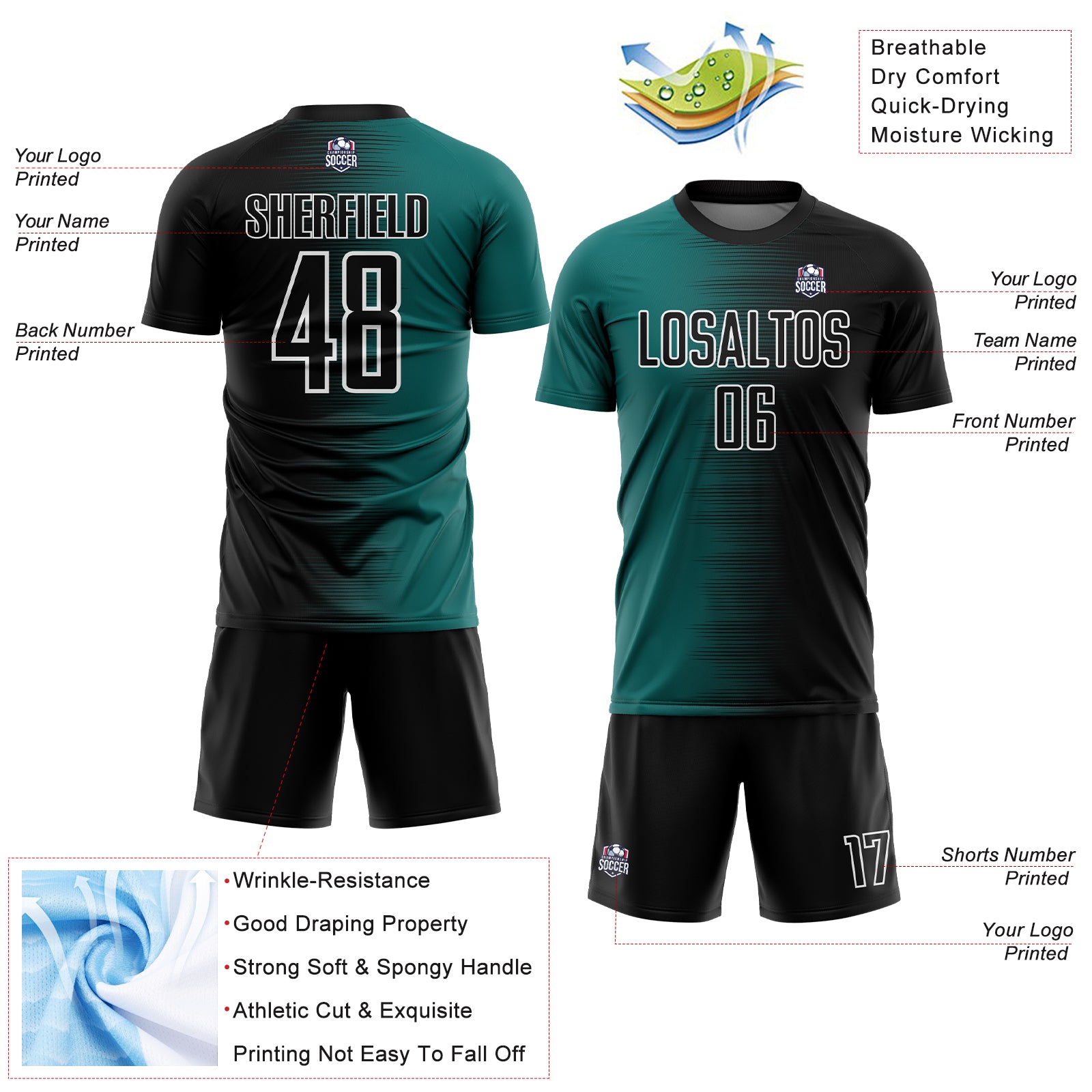 Custom Black Teal-White Gradient Line Sublimation Soccer Uniform Jersey