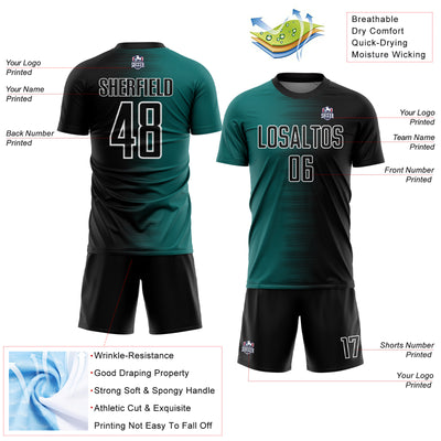 Custom Black Teal-White Gradient Line Sublimation Soccer Uniform Jersey