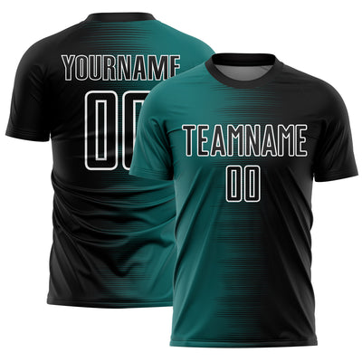 Custom Black Teal-White Gradient Line Sublimation Soccer Uniform Jersey