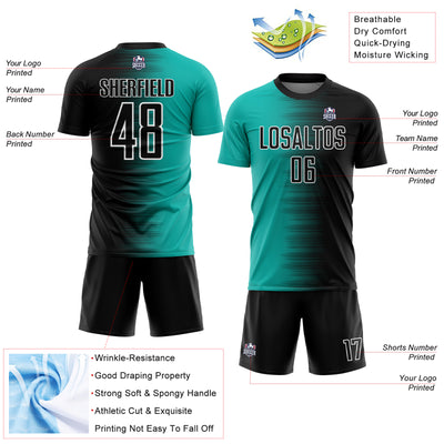 Custom Black Aqua-White Gradient Line Sublimation Soccer Uniform Jersey