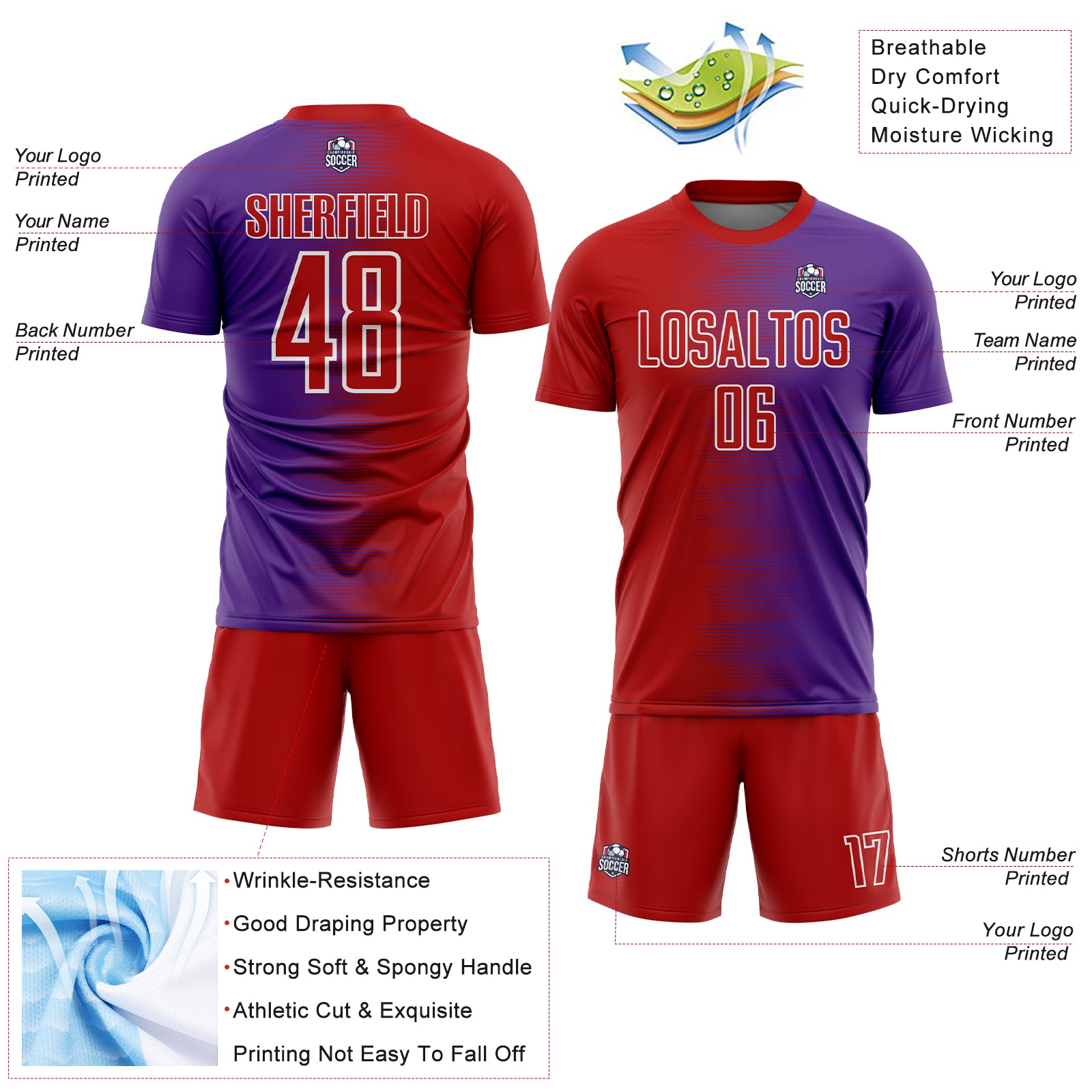Custom Red Purple-White Gradient Line Sublimation Soccer Uniform Jersey