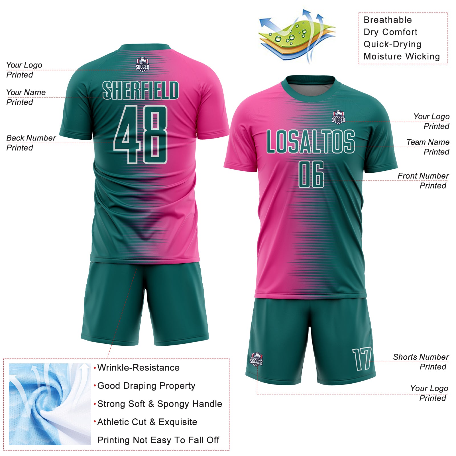 Custom Teal Pink-White Gradient Line Sublimation Soccer Uniform Jersey