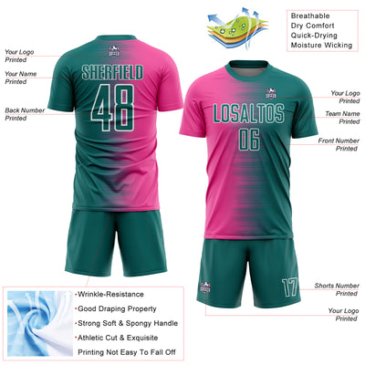 Custom Teal Pink-White Gradient Line Sublimation Soccer Uniform Jersey