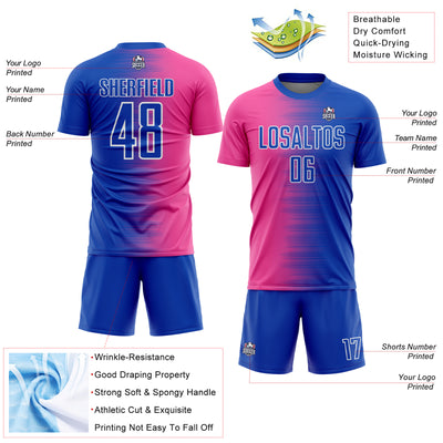 Custom Thunder Blue Pink-White Gradient Line Sublimation Soccer Uniform Jersey