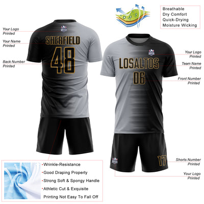 Custom Black Gray-Old Gold Gradient Line Sublimation Soccer Uniform Jersey