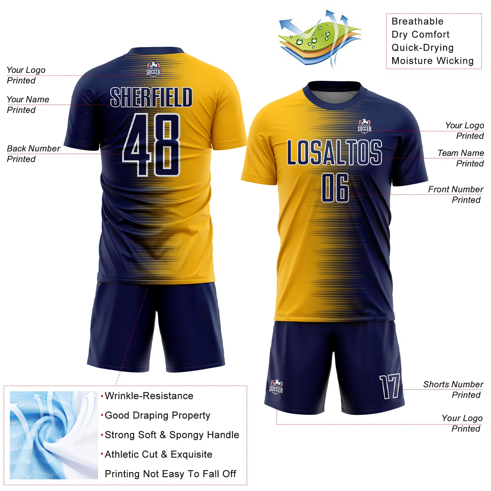 Custom Navy Gold-White Gradient Line Sublimation Soccer Uniform Jersey