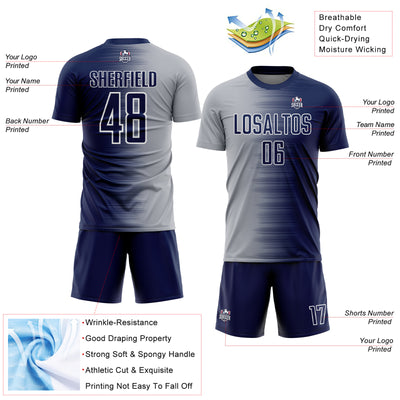 Custom Navy Gray-White Gradient Line Sublimation Soccer Uniform Jersey
